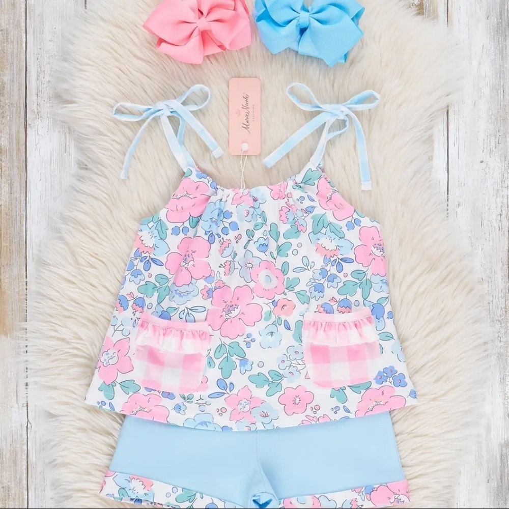 Marie Nicole Pink & Blue Gingham Floral Bloomers Outfit Sz 6-12M - Picture 3 of 4
